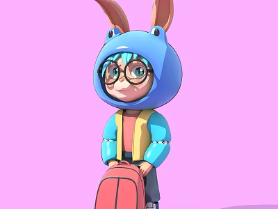 Cartoon Sculpture with Rabbit Ear Hat Frog Eyes and Red Backpack on Pink Background 3d model