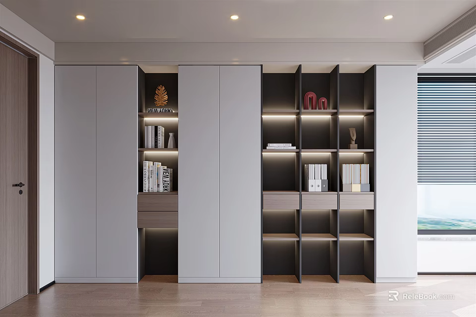 Modern Bookcase Interior Design With Storage Shelves Cabinets And LED Lighting 3d model 