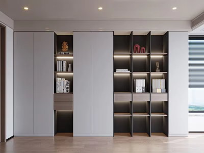 Modern Bookcase Interior Design With Storage Shelves Cabinets And LED Lighting 3d model