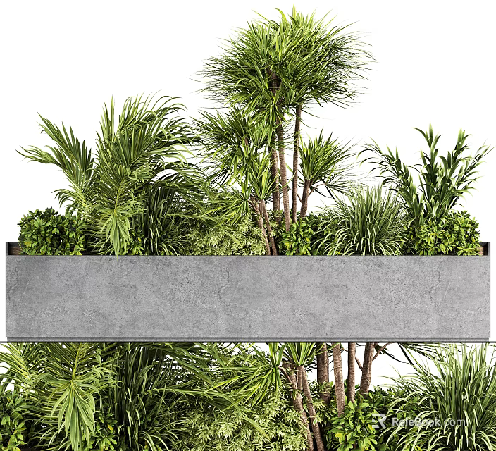 Modern Potted Plants In Concrete Planter With Green Palm And Shrubs For Indoor Decor 3d model 