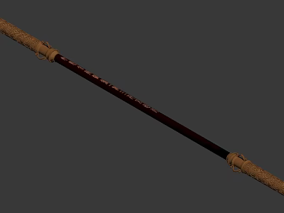 Durable Fishing Rod With Wooden Handle And Dark Brown Body Design 3d model