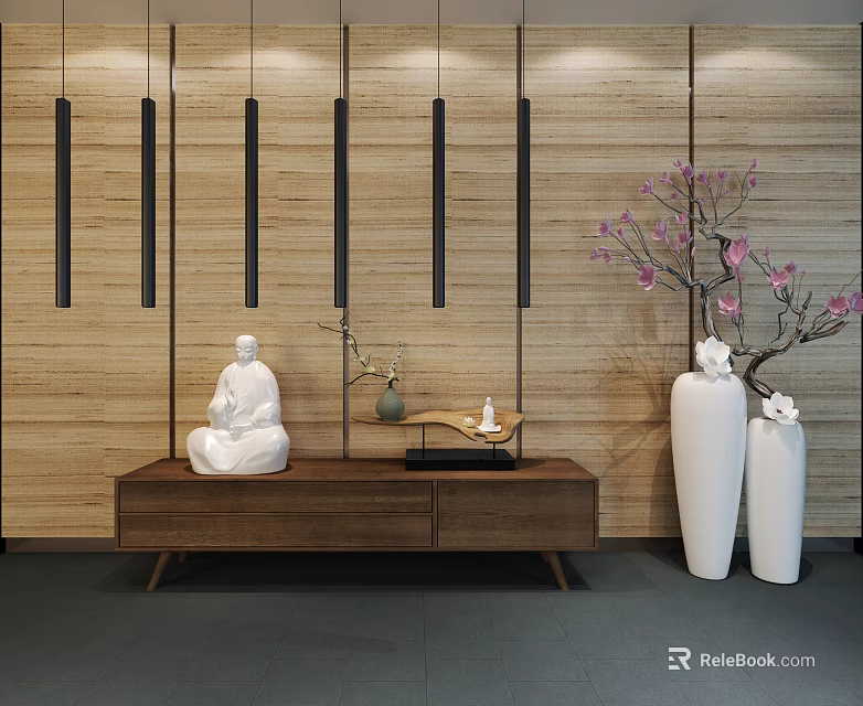 Modern Zen Wooden Console Cabinet Sideboard With Buddha Statue Green Plant Pink Blossom Vases 3d model 