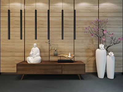 Modern Zen Wooden Console Cabinet Sideboard With Buddha Statue Green Plant Pink Blossom Vases 3d model