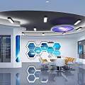 Modern Exhibition Hall With Large Screen City View Display Walls And Ceiling Lighting