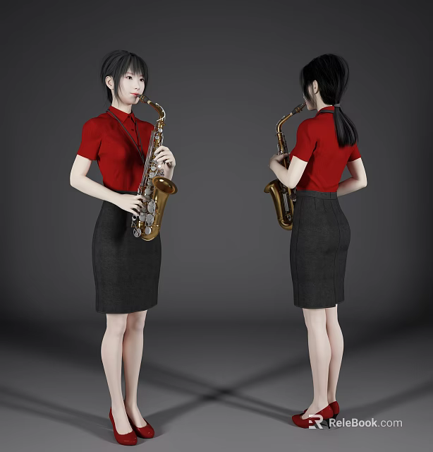 Woman in red top and black skirt holding saxophone in neutral background 3d model 
