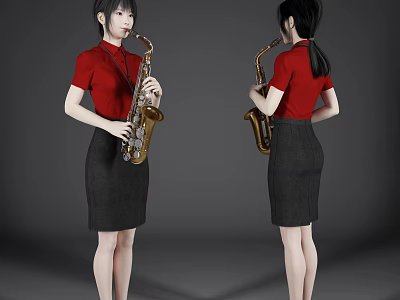 Woman in red top and black skirt holding saxophone in neutral background 3d model