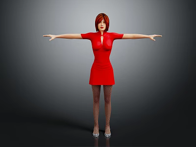 Red Haired Woman in Red Dress with Fishnet Stockings Arms Outstretched Gray Black Background 3d model