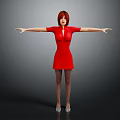 Red Haired Woman in Red Dress with Fishnet Stockings Arms Outstretched Gray Black Background