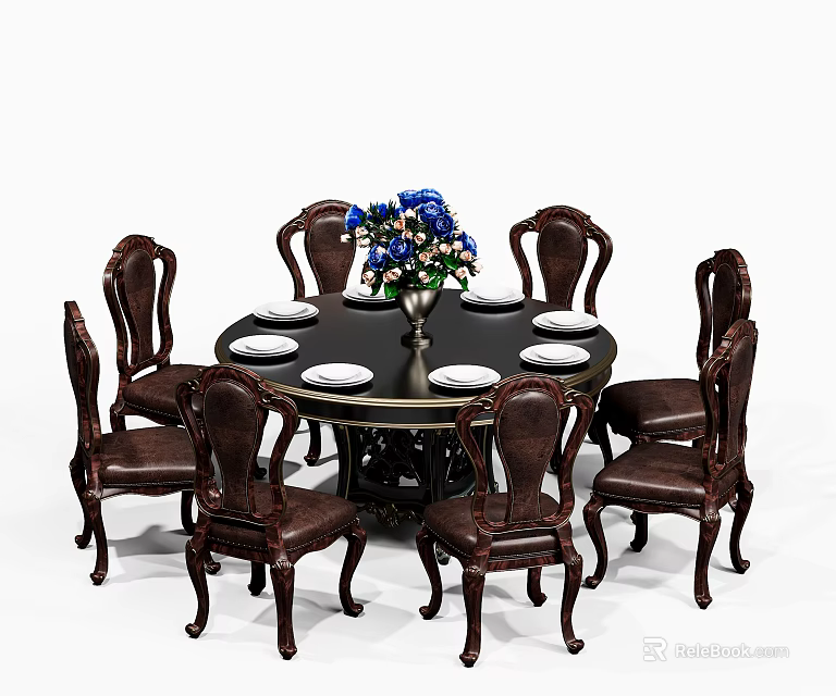 Classic Round Dining Table Set With Leather Chairs Blue Flower Vase And White Plates 3d model