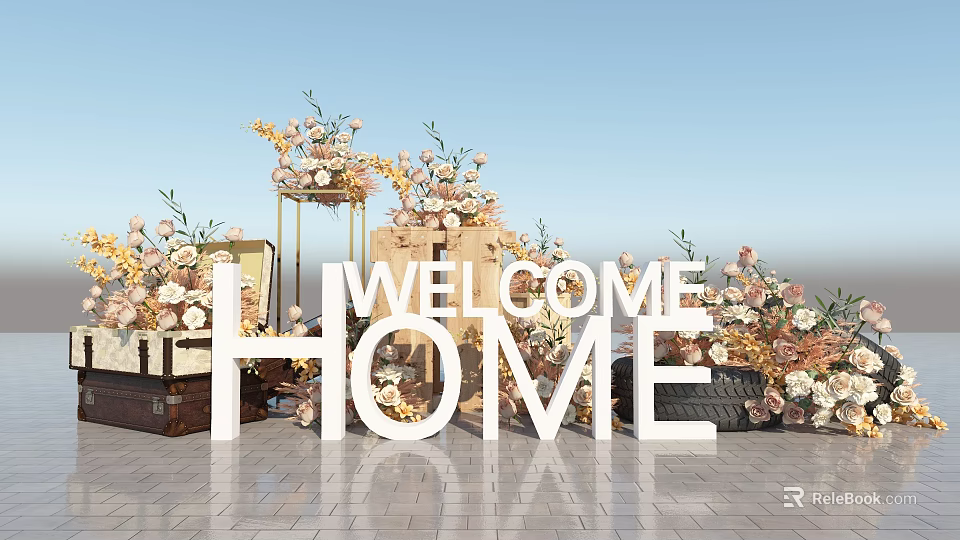 Welcome Home Letter Decorative Setup With Floral Arrangements And Brick Floor 3d model 