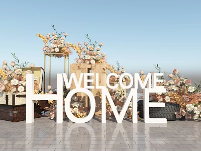 Welcome Home Letter Decorative Setup With Floral Arrangements And Brick Floor 3d model