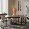 Modern Round Wooden Dining Table Set With Six White Upholstered Chairs