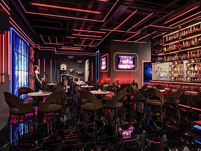 Modern Bar Interior Design With Neon Lights Counter Seating Liquor Shelves And Mirrored Floors 3d model