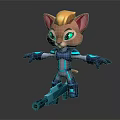 Cute Cat Character With Golden Fur Green Eyes Blue Glowing Armor Holding Weapon