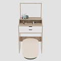 Modern Light Wood Dressing Table With Framed Mirror Round Stool And Cosmetic Items 3d model