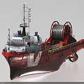 Red Rusted Work Vessel with Large Cable Reels Superstructure Antennas and Side Buoys