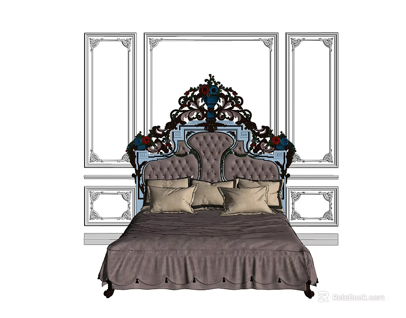 Classic European Style Double Bed With Ornate Upholstered Headboard And Symmetrical Wall Panels 3d model 