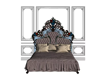Classic European Style Double Bed With Ornate Upholstered Headboard And Symmetrical Wall Panels 3d model