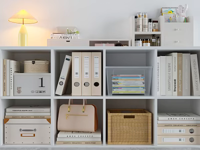 Organized Bookshelf With Stacked Books File Folders Storage Baskets And Decorative Boxes 3d model