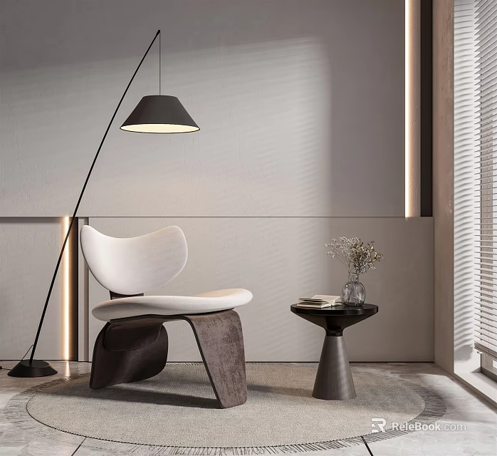 Modern White Leisure Chair With Dark Legs Side Table Vase Black Floor Lamp Light Wall 3d model 