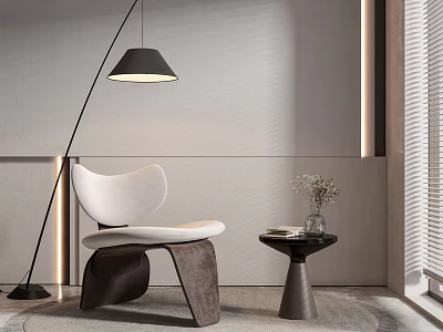 Modern White Leisure Chair With Dark Legs Side Table Vase Black Floor Lamp Light Wall 3d model