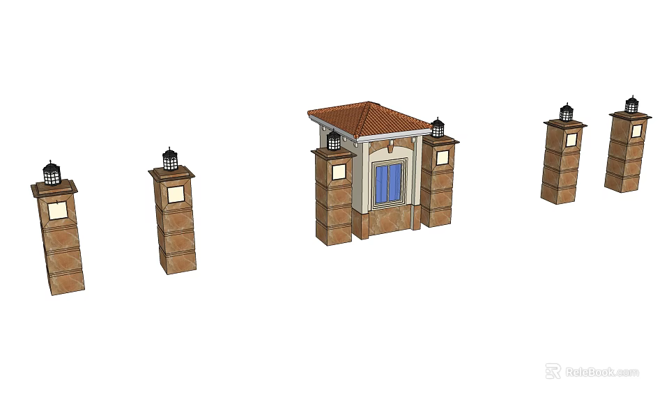 Classic Brick Entrance Gate With Brown Roof Pillars And Lanterns Design 3d model 