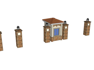 Classic Brick Entrance Gate With Brown Roof Pillars And Lanterns Design 3d model