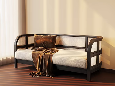 Modern Multi-person Sofa With Dark Wooden Frame Light Cushion Brown Pillow And Blanket 3d model