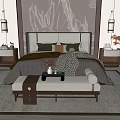 Modern Double Bed with Grey Headboard Pillows Nightstands Bench and Branch Pattern Wall 3d model