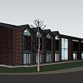 Modern Red Brick Building With Large Glass Windows Yellow Black Roof Lawn And Water Pool