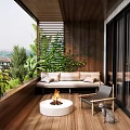 Cozy Wooden Home Balcony Interior with Sofa Fire Pit Green Plants and Cat