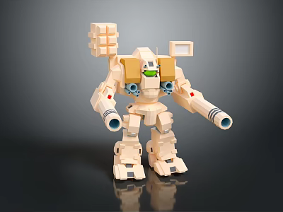 Beige Square Design Robot Character With Cannons Green Head And Building Block Details 3d model