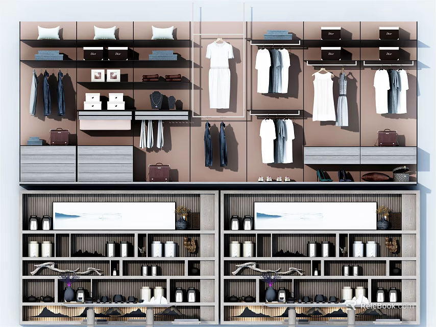 Modern Wardrobe Interior Design With Organized Shelves Hanging Clothes And Shoe Storage 3d model 