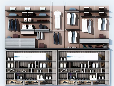 Modern Wardrobe Interior Design With Organized Shelves Hanging Clothes And Shoe Storage 3d model