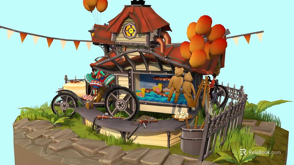 Cartoon Scene Featuring Red Roof House Vintage Car Toy Bear Balloons And Clock 3d model 