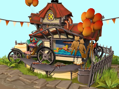 Cartoon Scene Featuring Red Roof House Vintage Car Toy Bear Balloons And Clock 3d model