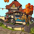 Cartoon Scene Featuring Red Roof House Vintage Car Toy Bear Balloons And Clock