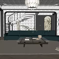 Elegant Modern Living Room Interior Design With Chandelier Dark Sofa Staircase And Decorative Rug