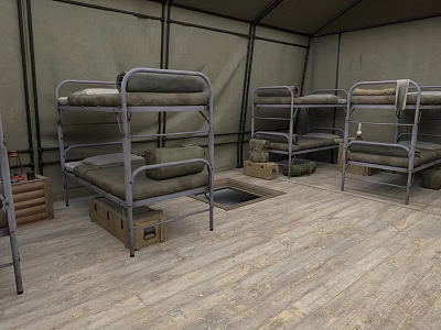 Modern Temporary Accommodation Space With Metal Bunk Beds And Wooden Flooring 3d model