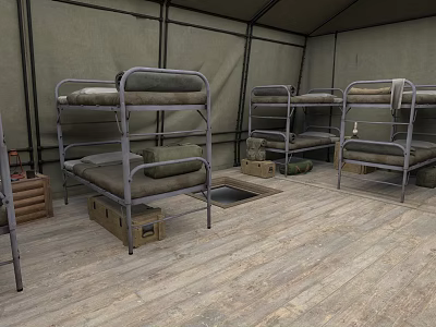 Modern Temporary Accommodation Space With Metal Bunk Beds And Wooden Flooring 3d model