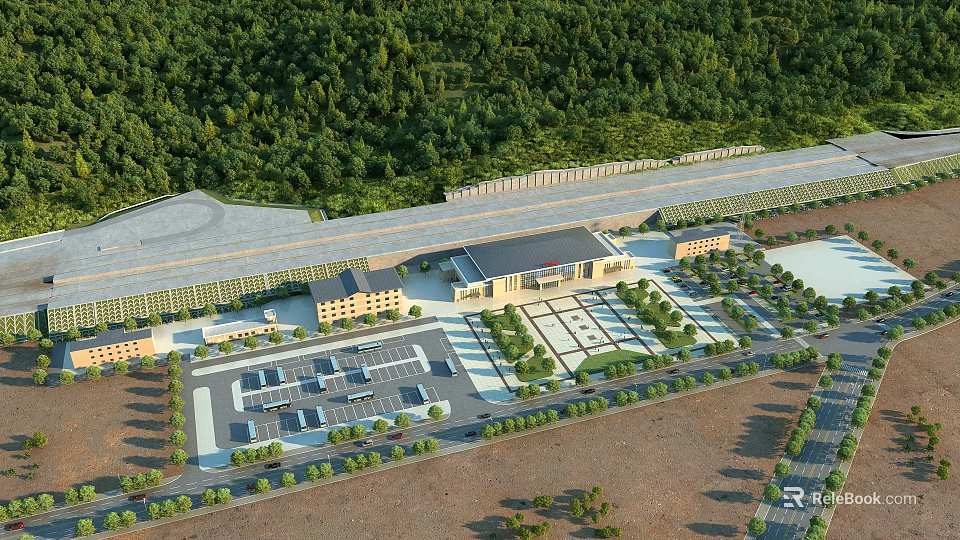 Aerial View of Modern Station With Spacious Parking Lot Lush Greenery and Surrounding Forest 3d model 