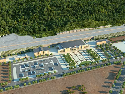 Aerial View of Modern Station With Spacious Parking Lot Lush Greenery and Surrounding Forest 3d model