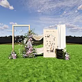 Outdoor Floral Decor With Wooden Frame Purple White Flowers Green Lawn And Guest Gallery Board