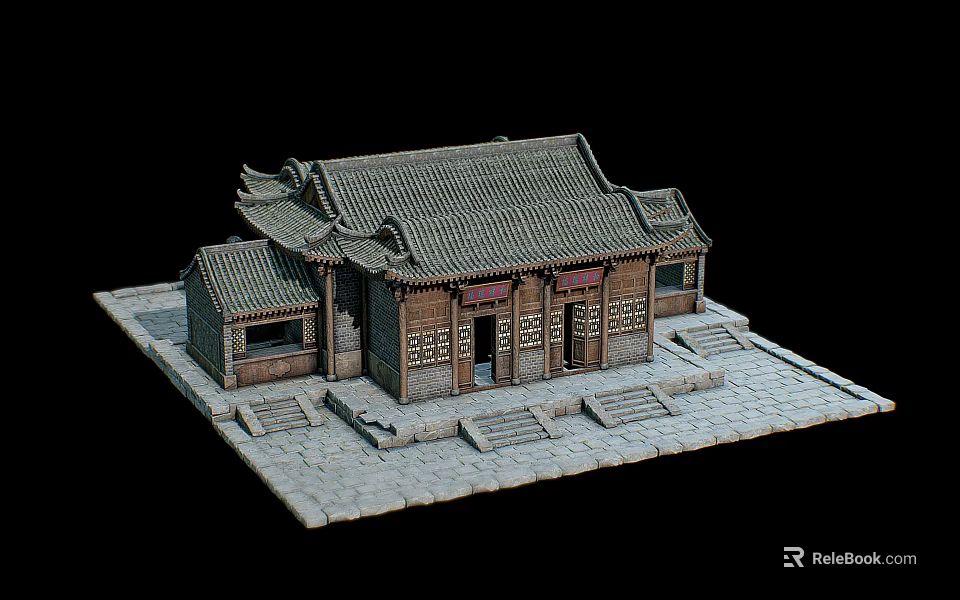 Ancient Architecture Traditional Building Model With Tile Roof Wooden Doors And Stone Steps 3d model 