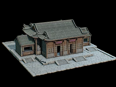 Ancient Architecture Traditional Building Model With Tile Roof Wooden Doors And Stone Steps 3d model