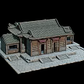 Ancient Architecture Traditional Building Model With Tile Roof Wooden Doors And Stone Steps