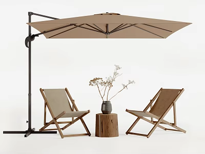 Outdoor Table with Umbrella Wooden Folding Chairs and Dried Flowers in Vase 3d model