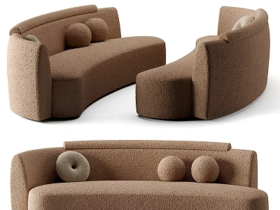 Brown Curved Multi Seat Sofa With Soft Velvet Upholstery And Round Cushions 3d model