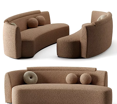 Brown Curved Multi Seat Sofa With Soft Velvet Upholstery And Round Cushions 3d model