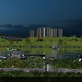 Night River Scenery with Bridge Tall Buildings Sailboat and Street Lamps